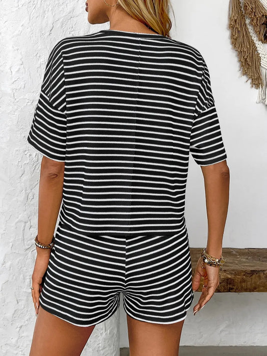 Striped Shorts Set - Round Neck