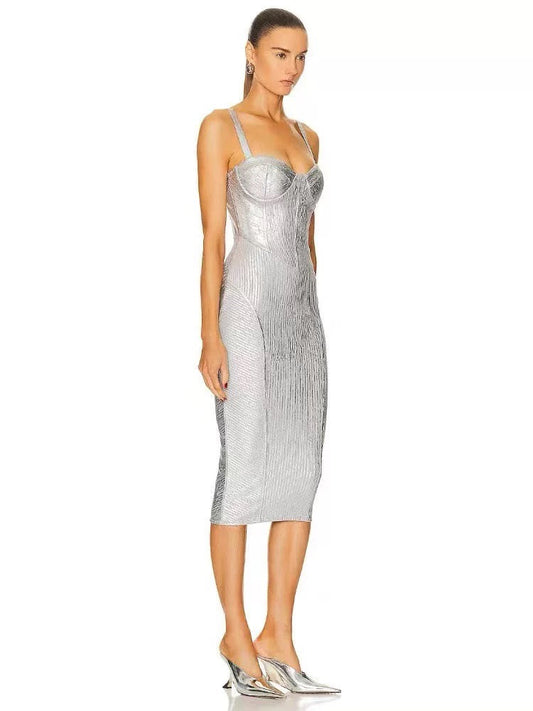 Metallic silver midi dress