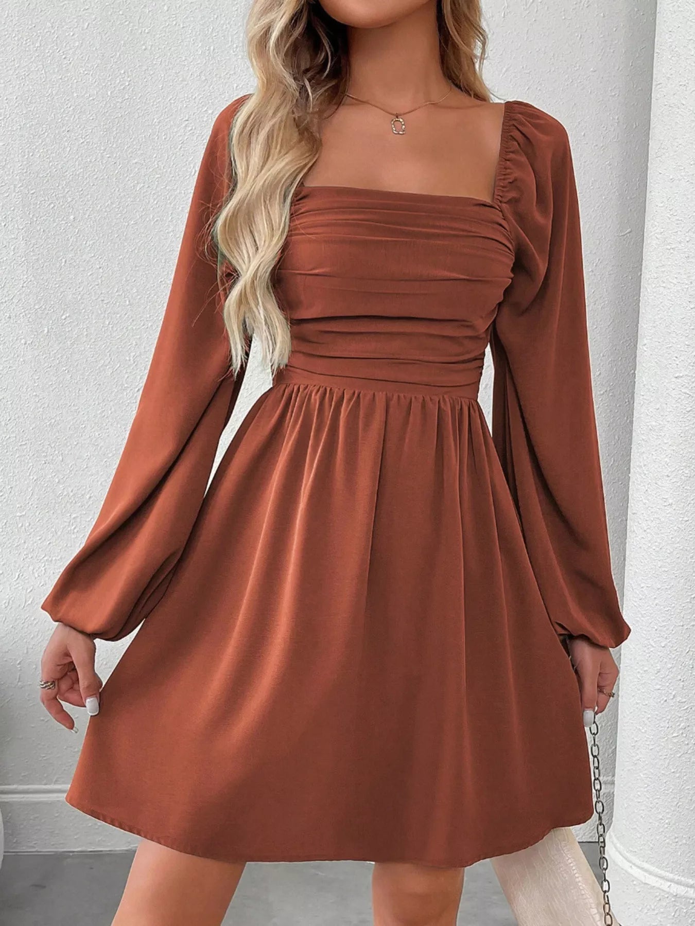 Ruched Square Neck Long Sleeve A-Line Dress