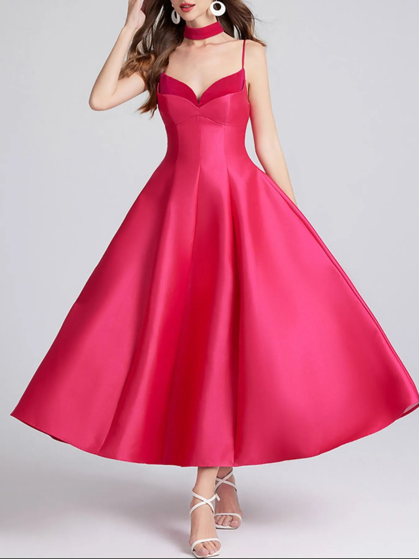 Sweetheart Spaghetti Strap Midi Dress with Collar – Elegant Summer Dress