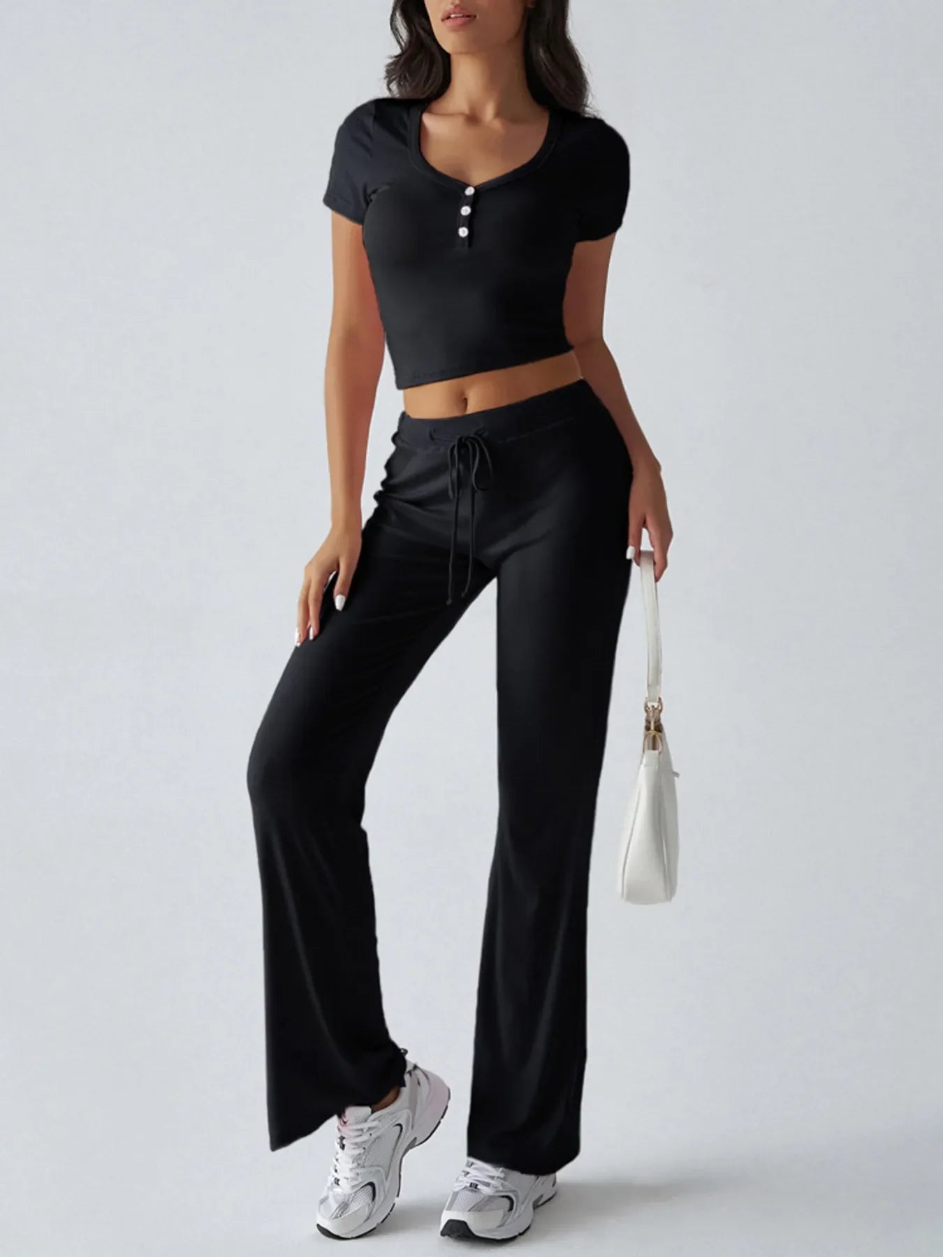 Casual Ribbed Short Sleeve Top and Pants Set