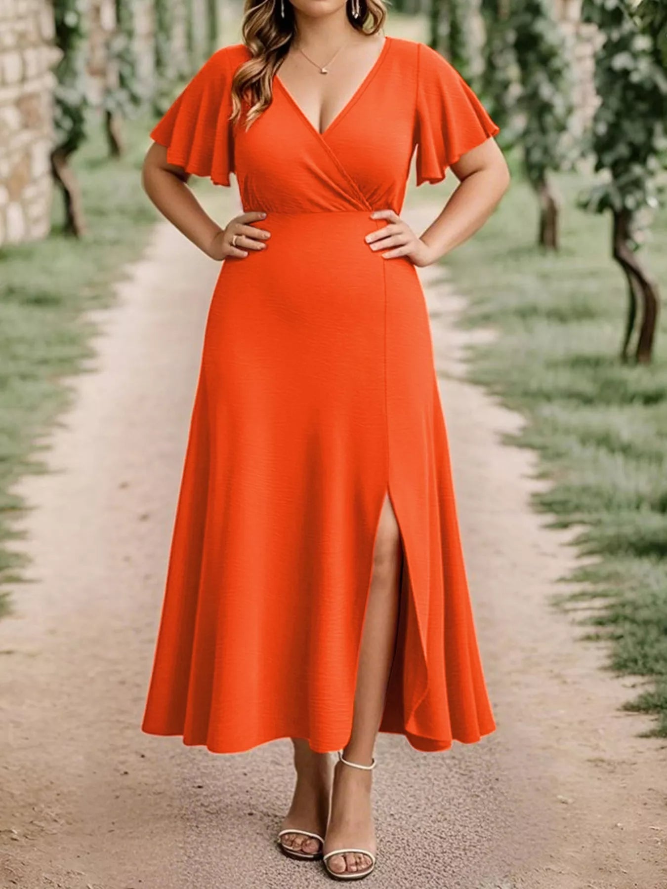 Orange Plus Size Surplice Flutter Sleeve Dress: