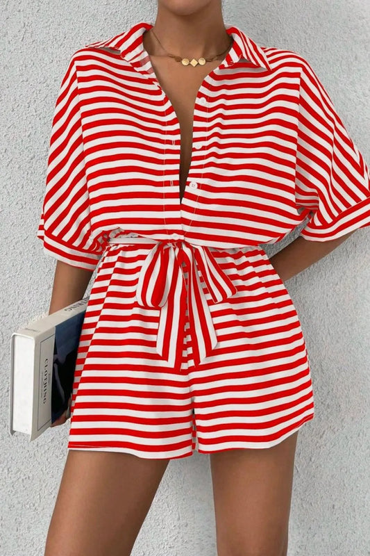 Striped Romper - Collared Tied Waist