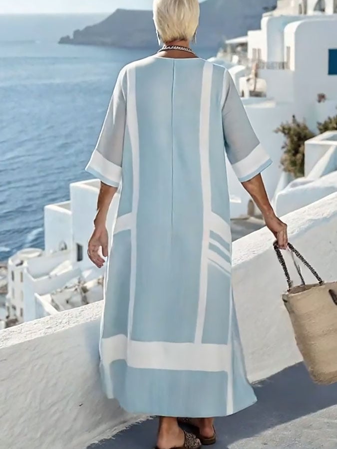 Women'S V-Neck Half Sleeve Striped PrintedLinen Dress