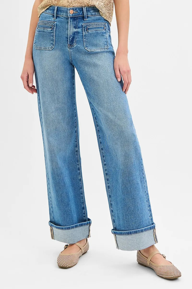 Wide Patch Pocket Cuff Jeans – Plus Size, Mid Rise