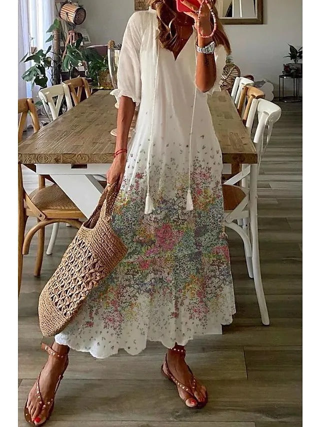 Casual Loose V-neck Printed Long Dress