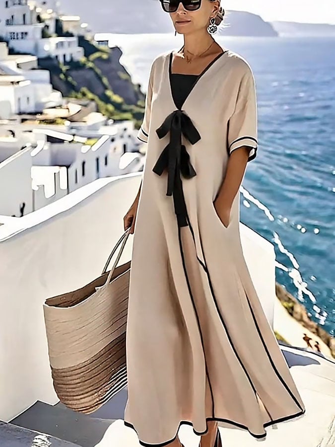 Women's Holiday Casual Contrast Loose Bow Dress