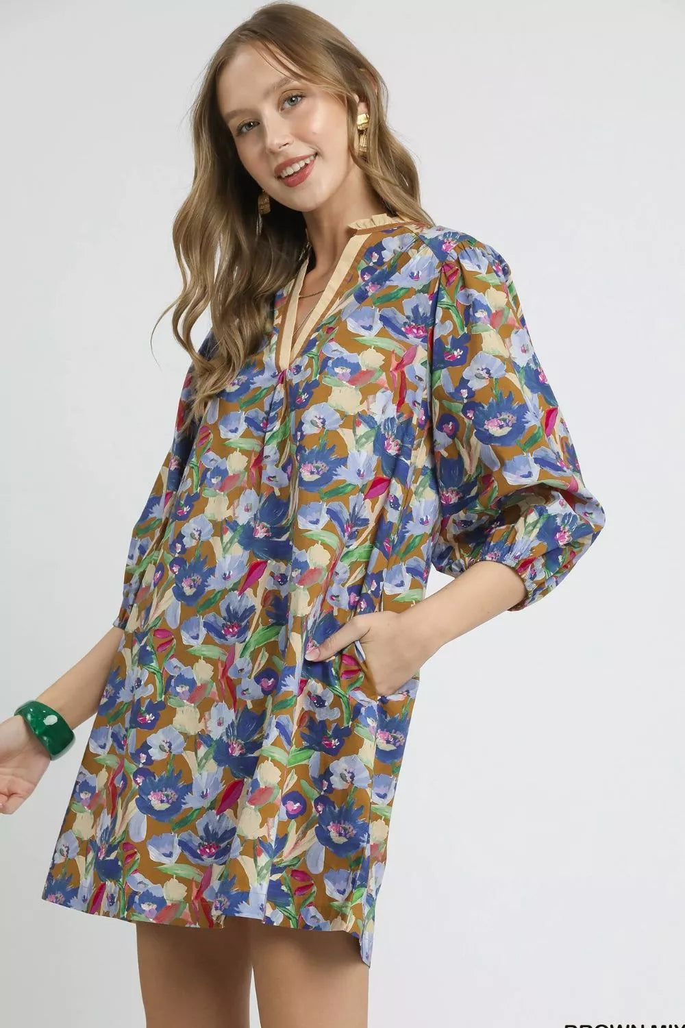 Women’s Boho Floral Balloon Sleeve Mini Dress – Vintage Ruffle Hem Short Dress