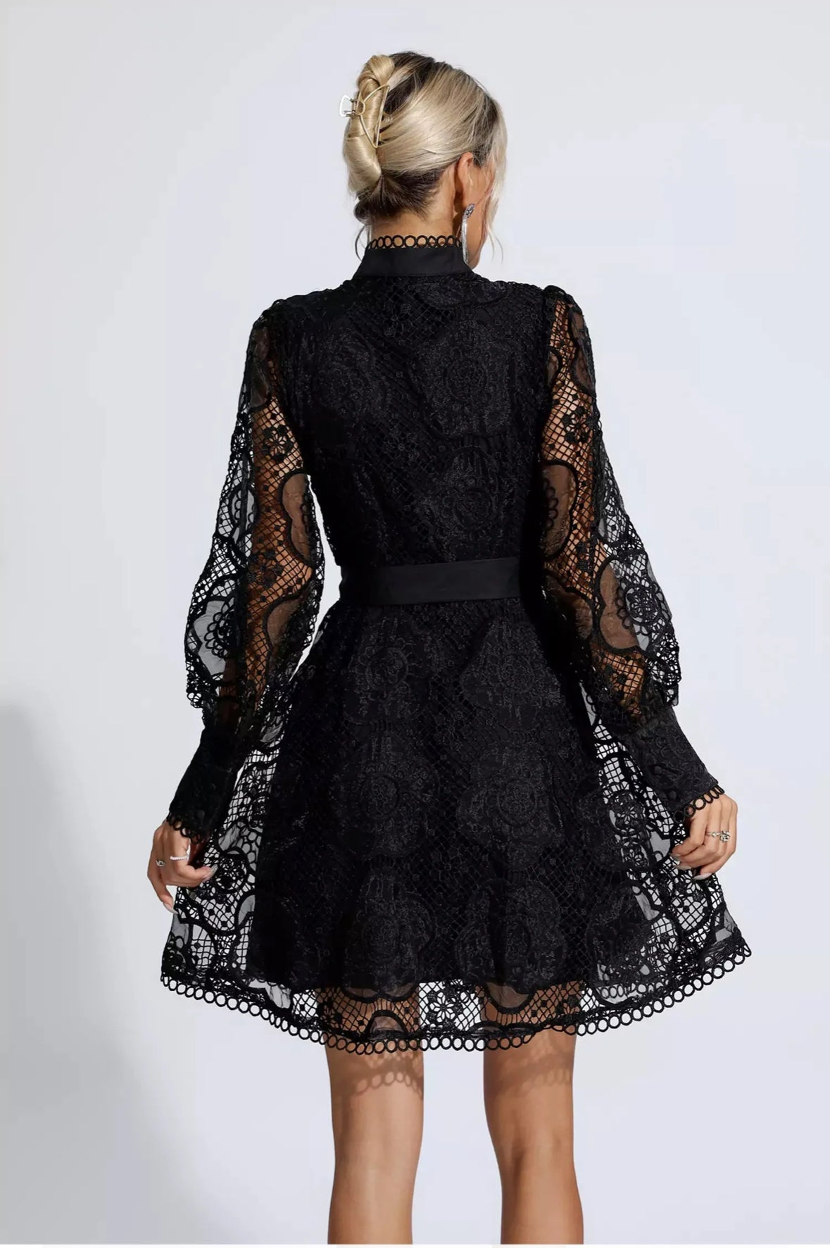 Floral lace tied black mini dress