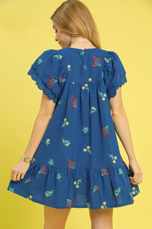 Dark Blue Floral Embroidered Mini Dress