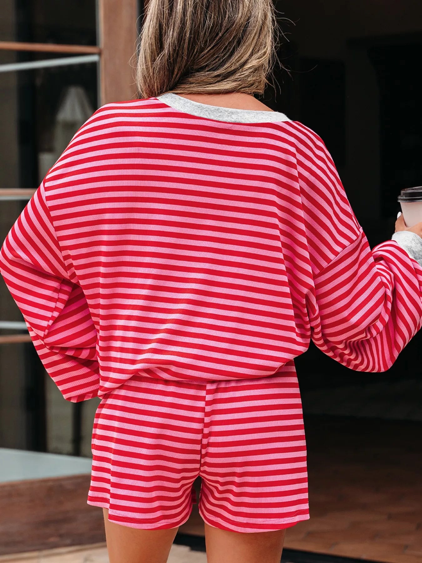 Women's Strawberry Stripe Drop Shoulder Baggy Top & Shorts Set – Casual Lounge Two Piece Outfit