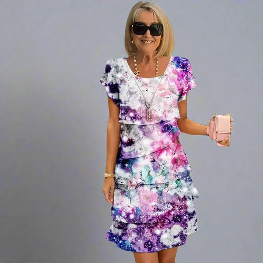 Sable - Floral Print Crew Neck Tiered Pleated Dress Purple