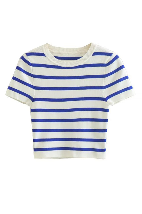 Cool Girl Essence Striped Short Sleeve Knit Top - 2 Colors Blue