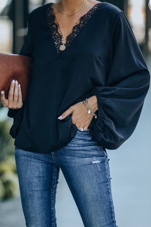 Date Night Out Lace Balloon Sleeve Top - 3 Colors Black