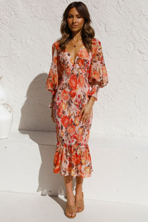 Stay Close Floral Print Smocked Midi Dress - 5 Colors Orange
