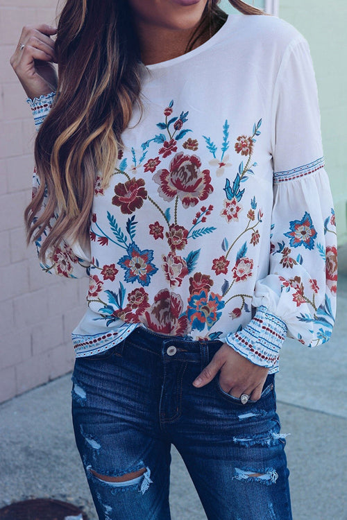 Instant Favorite Floral Printed Smocked Top White