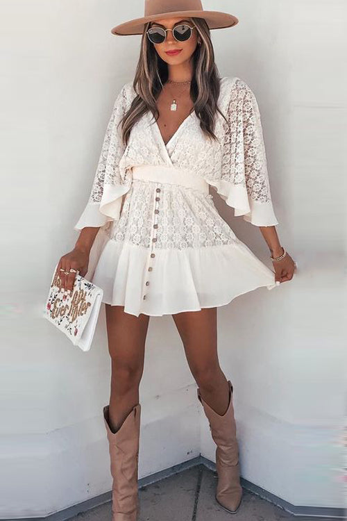 Dreamy Date Lace V-Neck Mini Dress - 7 Colors White