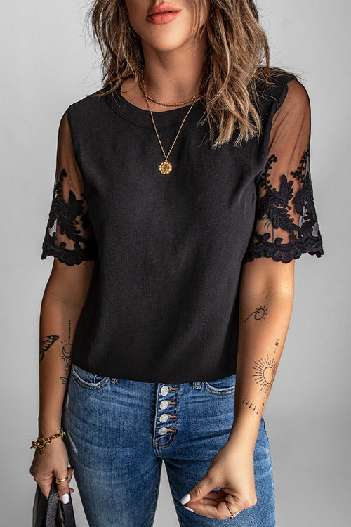 Try To Keep Up Lace Embroidered Short Sleeve Top - 4 Colors Black