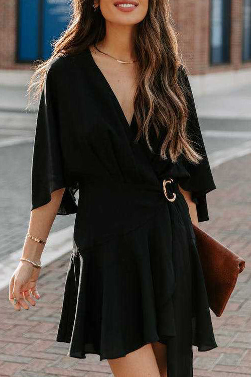 Feminine Love Cape Short Sleeve Wrap Mini Dress - 2 Colors Black