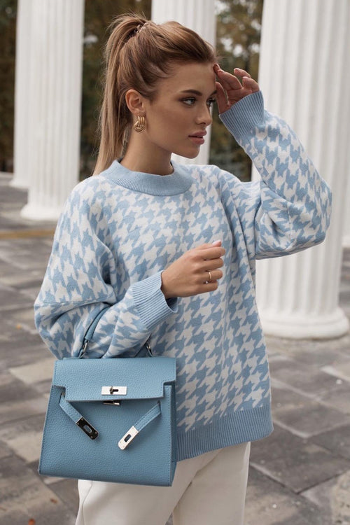Warmed Up Houndstooth Knit Sweater - 3 Colors Blue