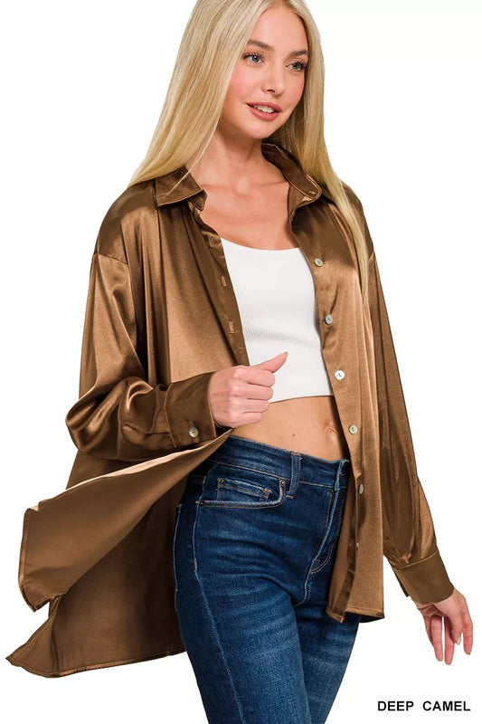 Zenana Satin Button Down Long Sleeve Shirt