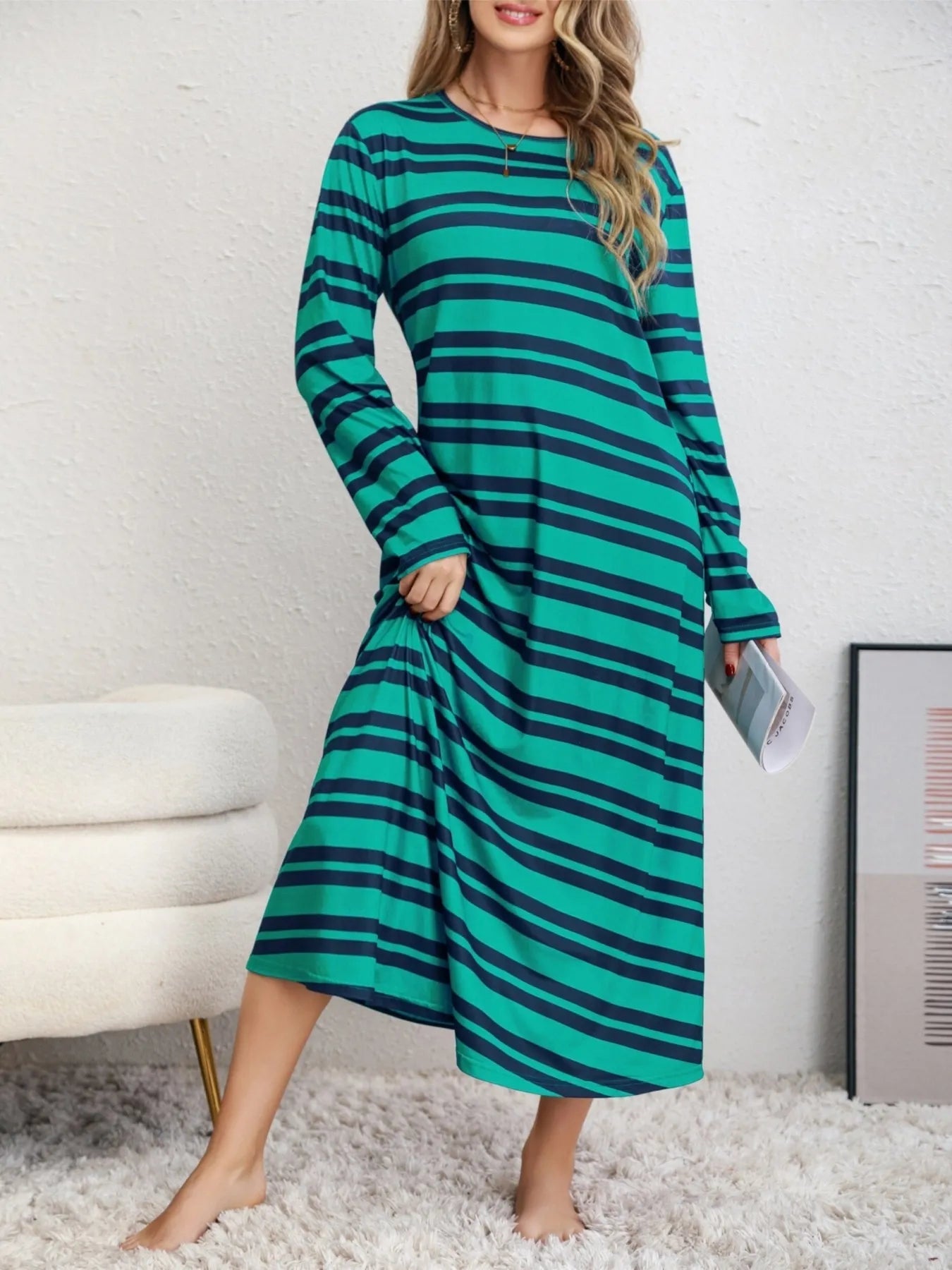 Plus Size Striped Round Neck Long Sleeve Tee Dress