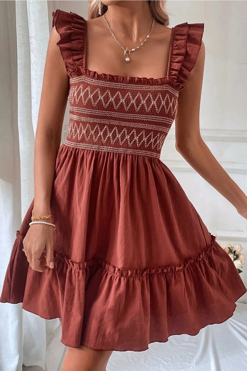 Ruffled Smocked Cap Sleeve Mini Dress