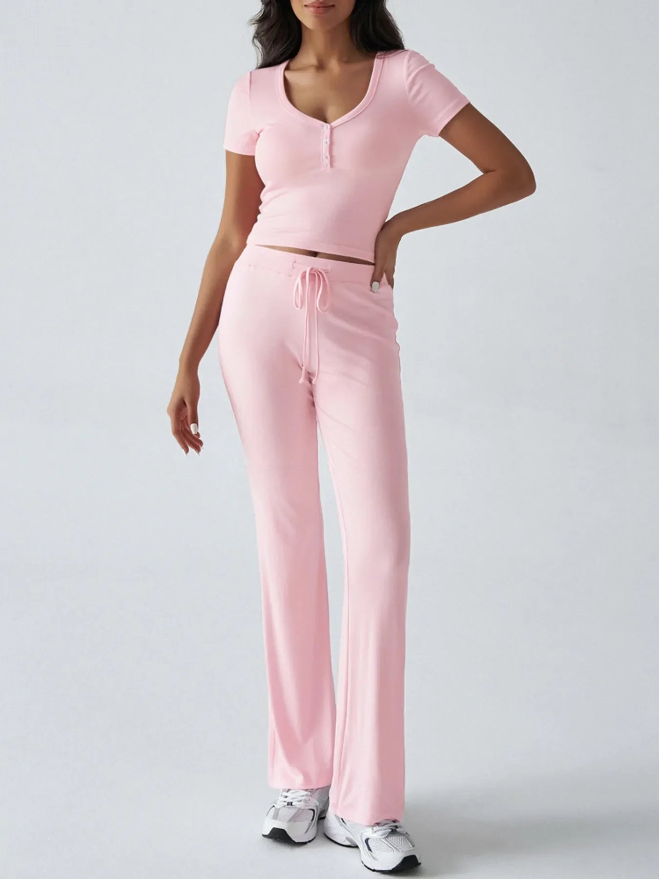 Casual Ribbed Short Sleeve Top and Pants Set