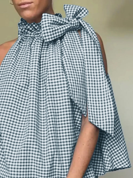Asymmetric Gingham Bow Tie Sleeveless Top