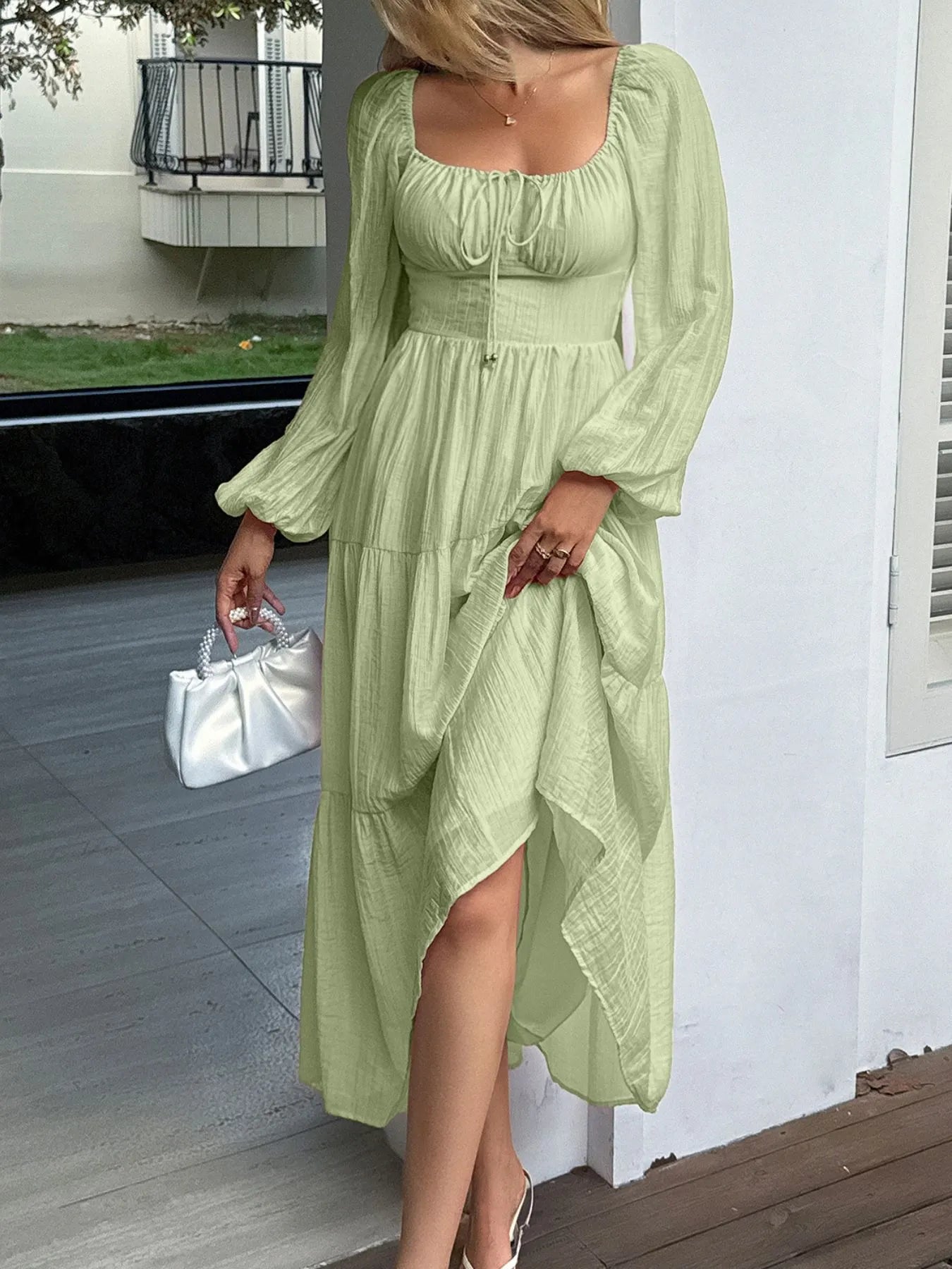 Tiered Balloon Sleeve Midi Dress – Elegant Long Sleeve Boho Dress for Women