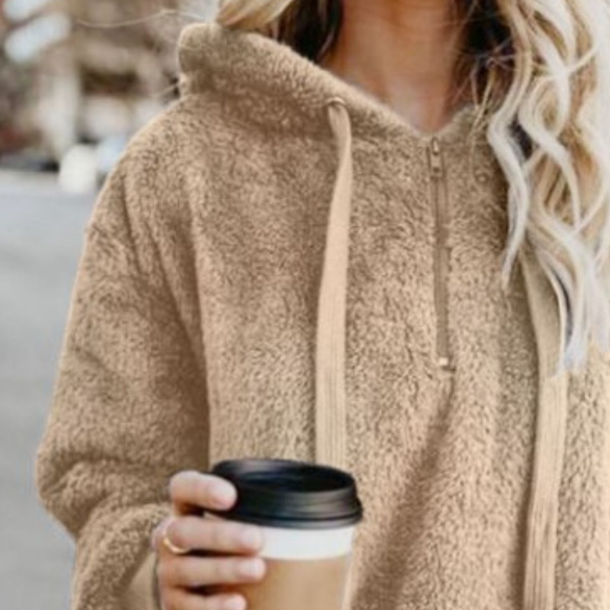 Cozy Quarter-Zip Teddy Hoodie – Full Size, Plush & Playful with Drawstring Style