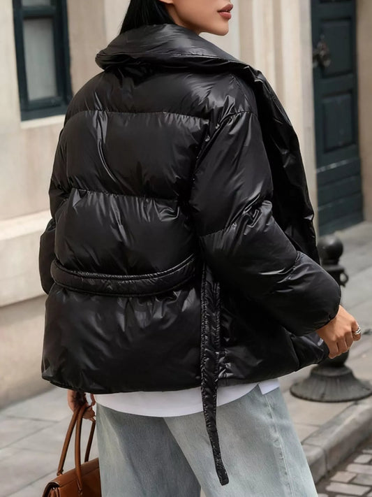 Silky Black Long Sleeve Belted Puffer Jacket