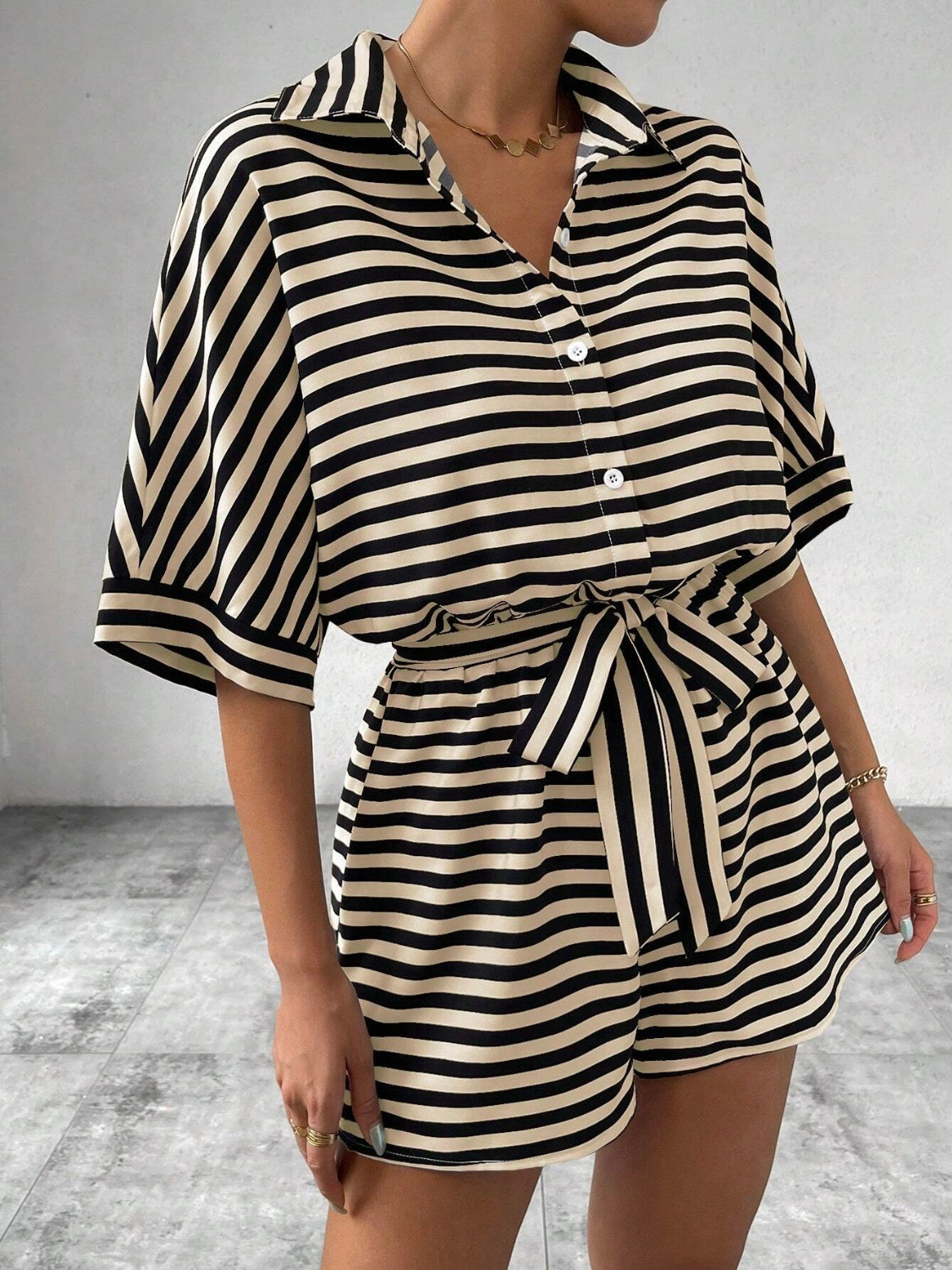 Striped Romper - Tie Waist