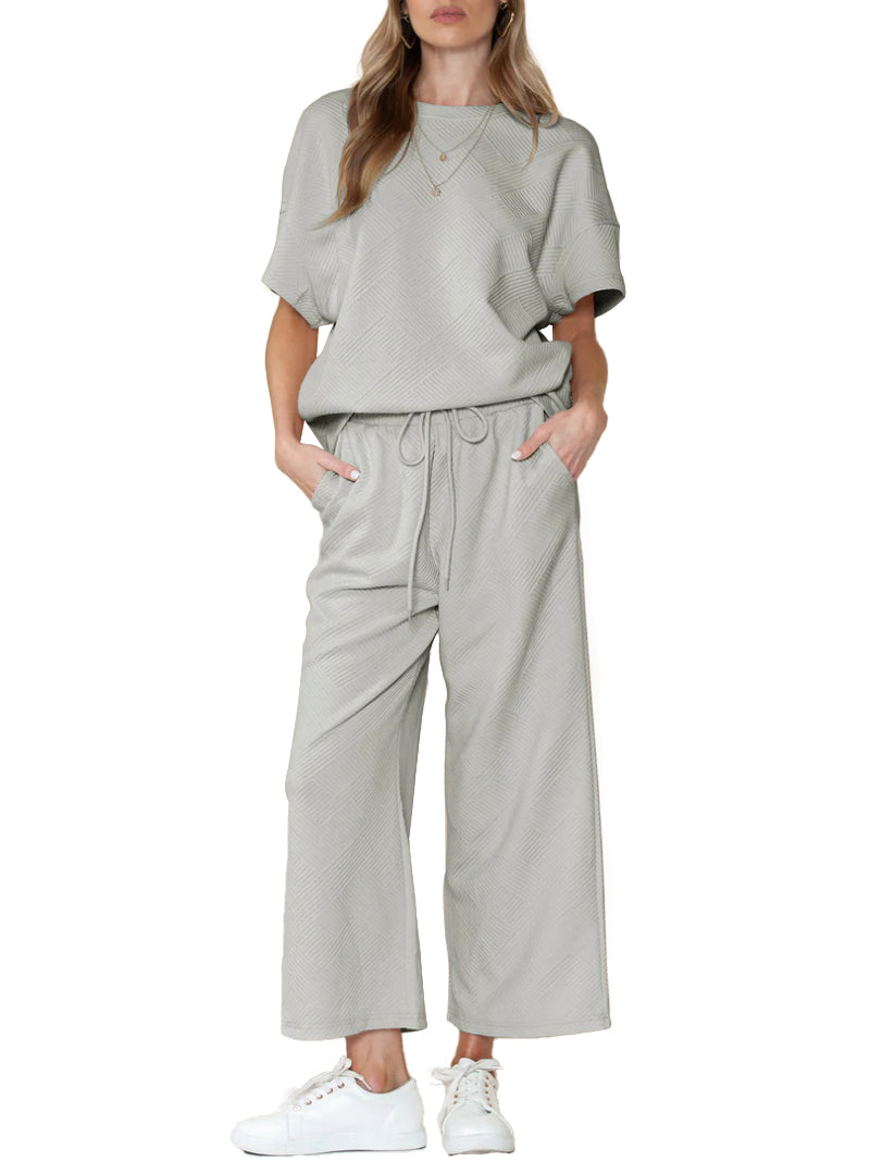 ⏰Hot Sale-Women's Textured Loose Fit T Shirt and Drawstring Pants Casual Set (Buy 2 Free Shipping)