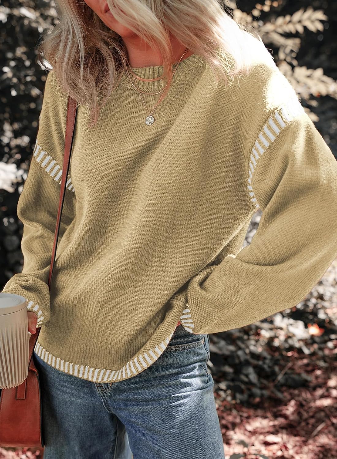 ⏰Hot Sale- Women's Cozy Contrast Trim Crewneck Sweater (BUY 2 FREE SHIPPING)