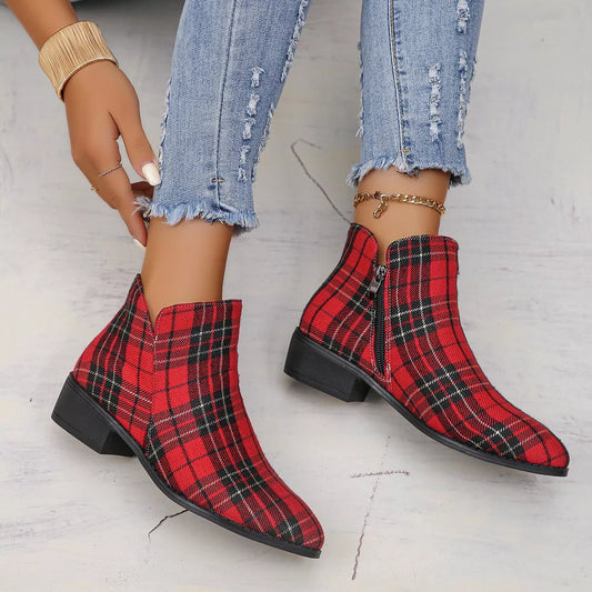 Plaid Point Toe Ankle Boots