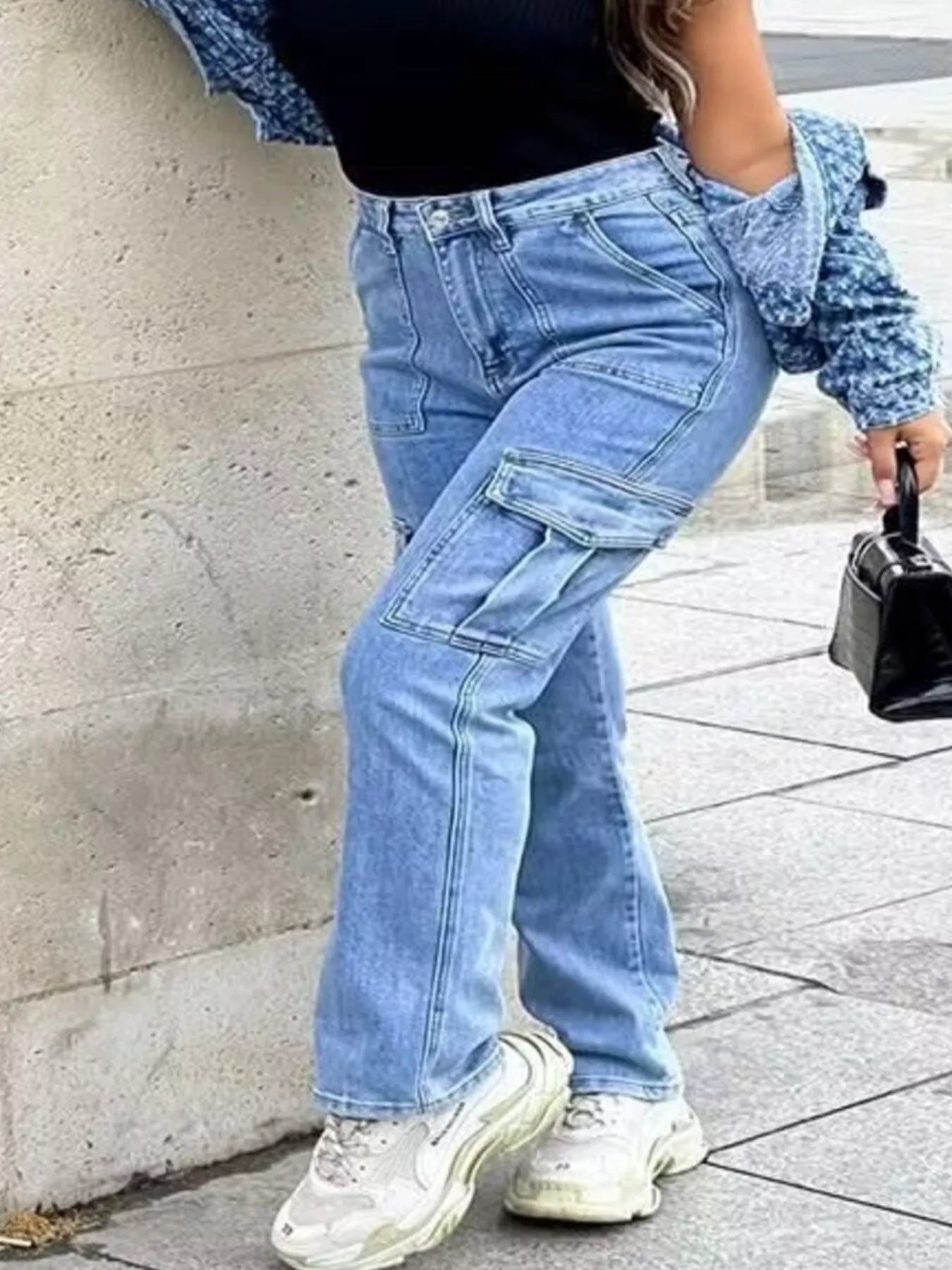 Light Wash Cargo Jeans with Multiple Pockets - Inclusive Sizing