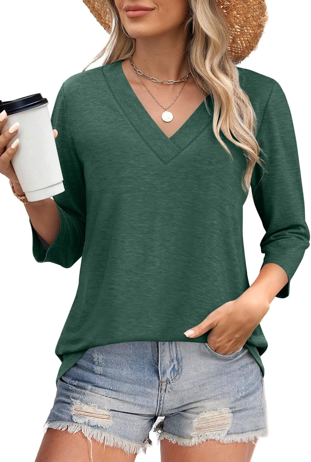 ⏰Hot Sale-Women's V Neck 3/4 Long Sleeve Tops Loose Fit Blouse (Buy 3 Free Shipping)