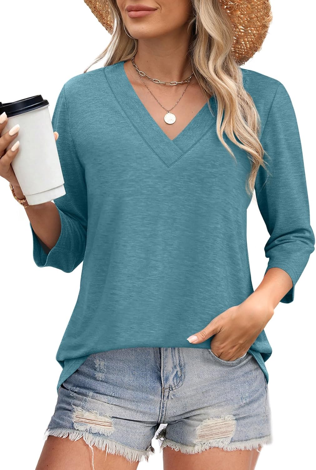 ⏰Hot Sale-Women's V Neck 3/4 Long Sleeve Tops Loose Fit Blouse (Buy 3 Free Shipping)