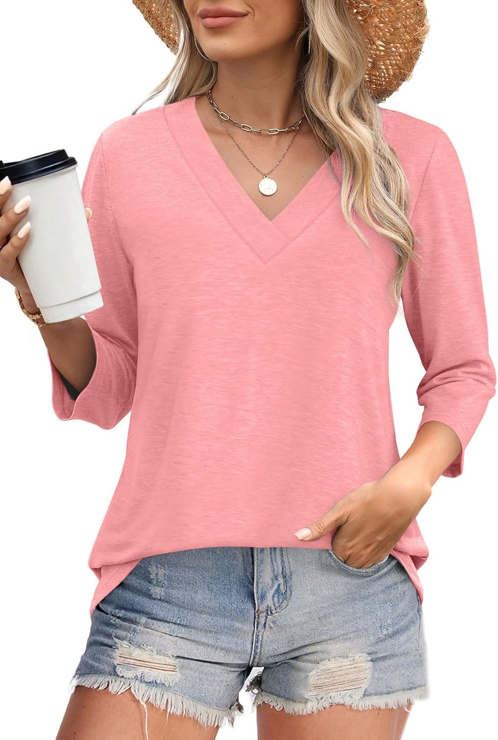 ⏰Hot Sale-Women's V Neck 3/4 Long Sleeve Tops Loose Fit Blouse (Buy 3 Free Shipping)