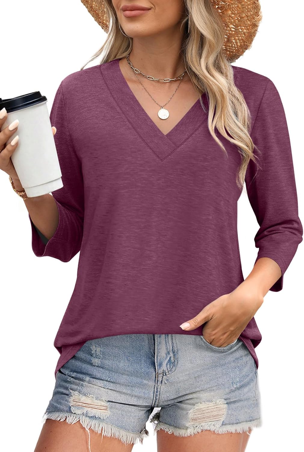 ⏰Hot Sale-Women's V Neck 3/4 Long Sleeve Tops Loose Fit Blouse (Buy 3 Free Shipping)