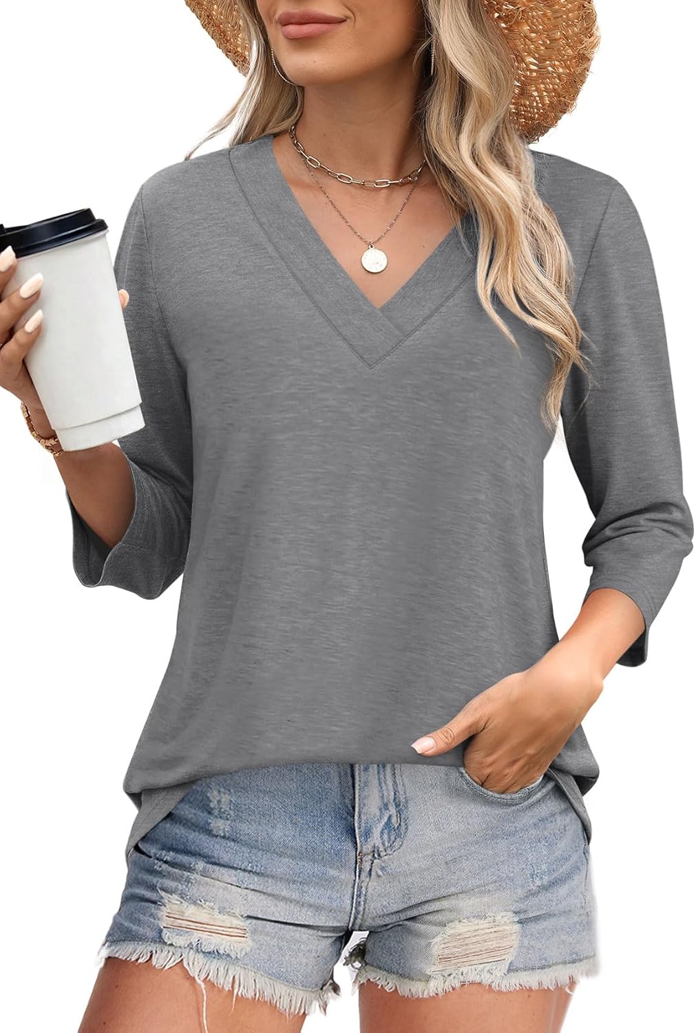 ⏰Hot Sale-Women's V Neck 3/4 Long Sleeve Tops Loose Fit Blouse (Buy 3 Free Shipping)