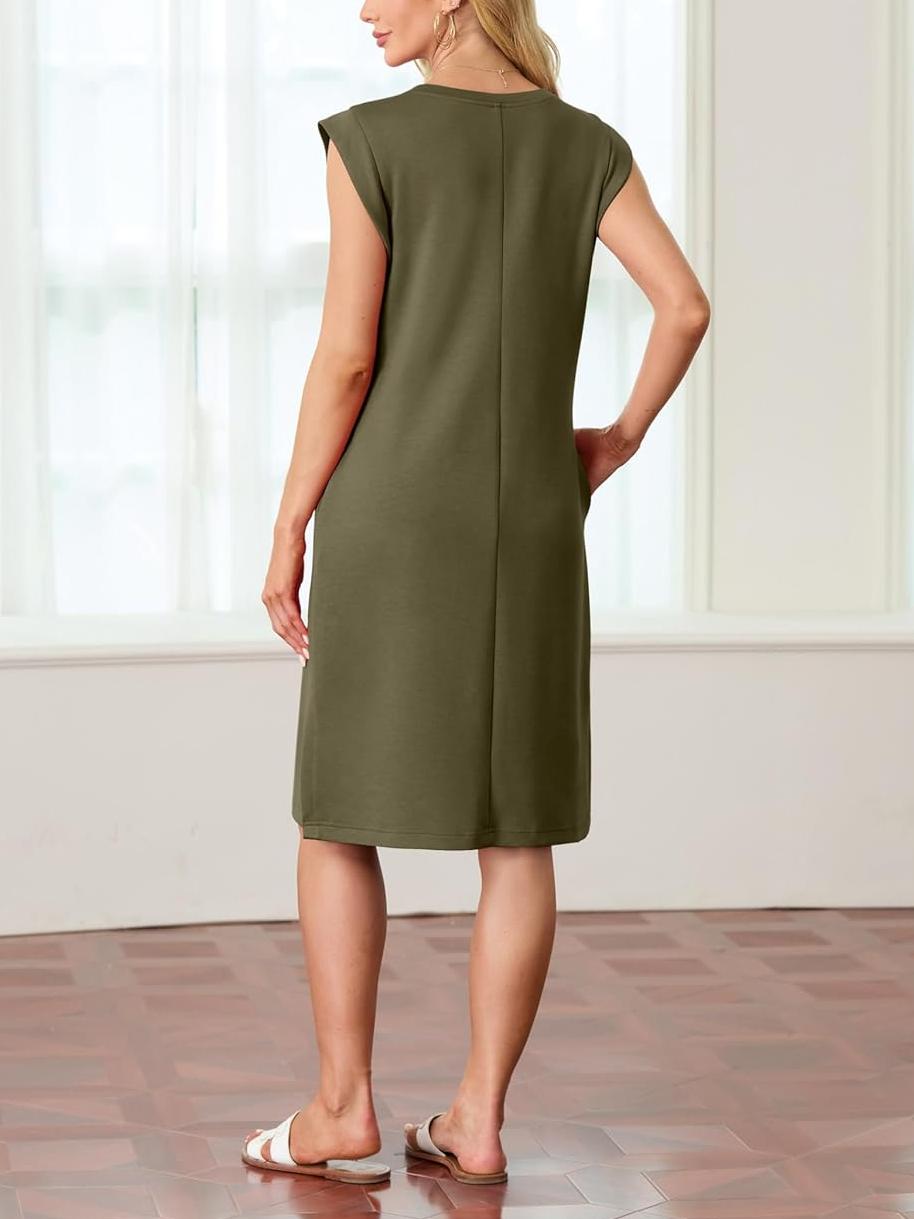 ⏰Hot Sale-Women Round Neck Loose Split Wrinkle-Free Midi Dress with Pockets(Buy 2 Free Shipping)