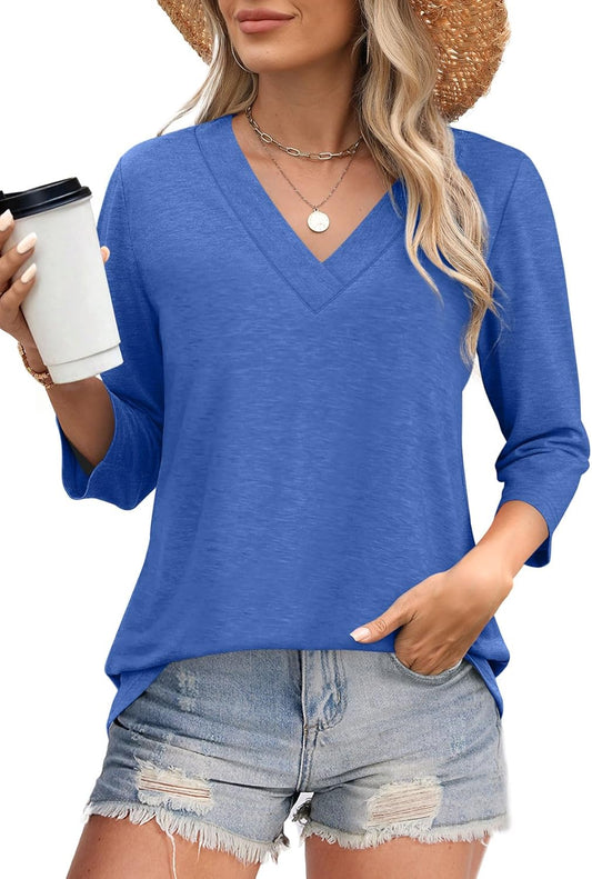 ⏰Hot Sale-Women's V Neck 3/4 Long Sleeve Tops Loose Fit Blouse (Buy 3 Free Shipping)