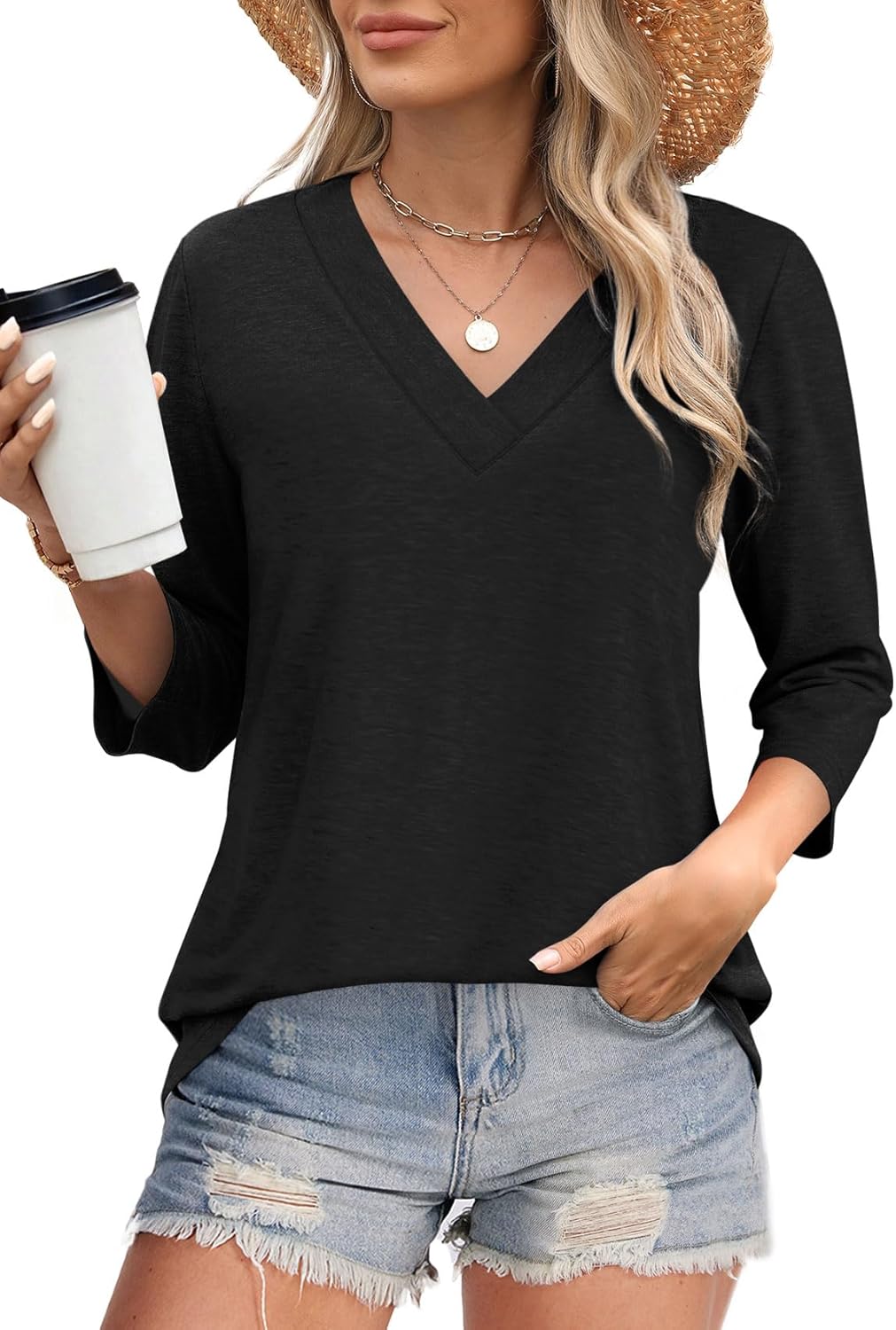⏰Hot Sale-Women's V Neck 3/4 Long Sleeve Tops Loose Fit Blouse (Buy 3 Free Shipping)