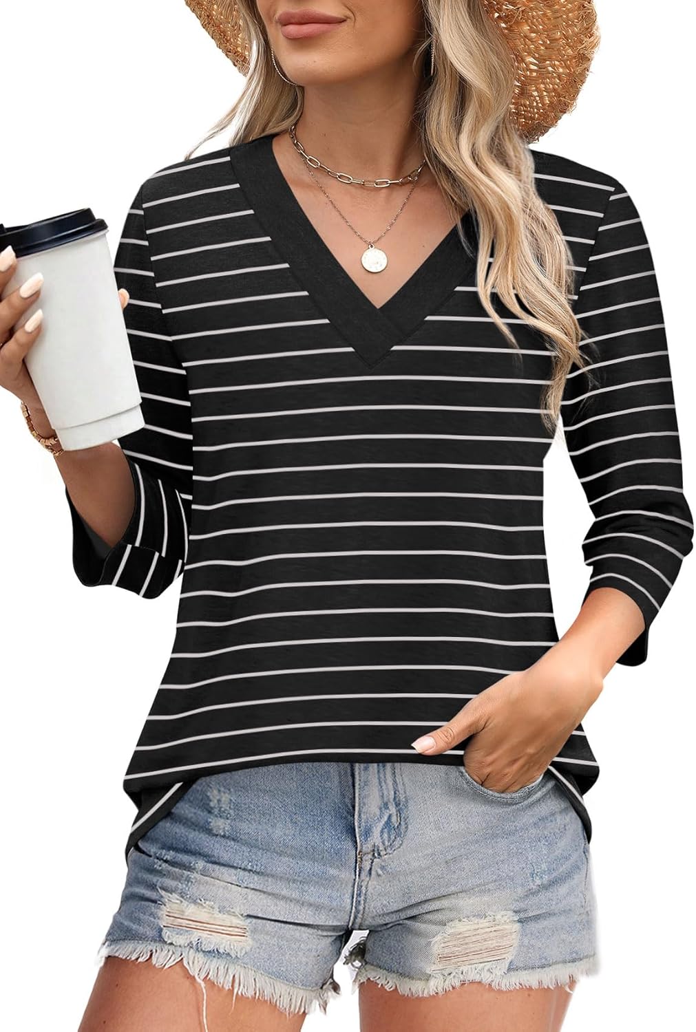 ⏰Hot Sale-Women's V Neck 3/4 Long Sleeve Tops Loose Fit Blouse (Buy 3 Free Shipping)