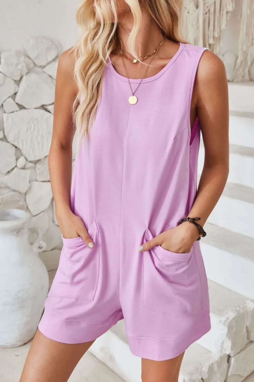 Sleeveless Romper - Round Neck