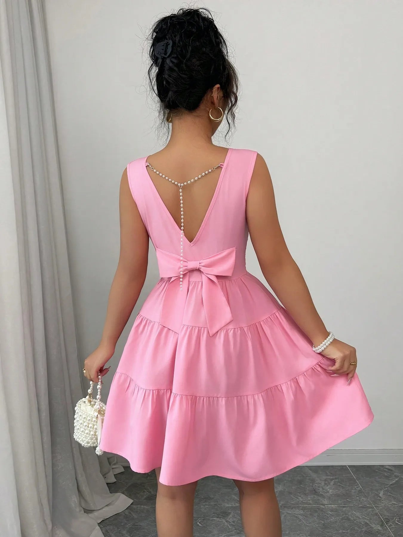 Pink Flowy Tiered Dress – Sleeveless, Round Neck