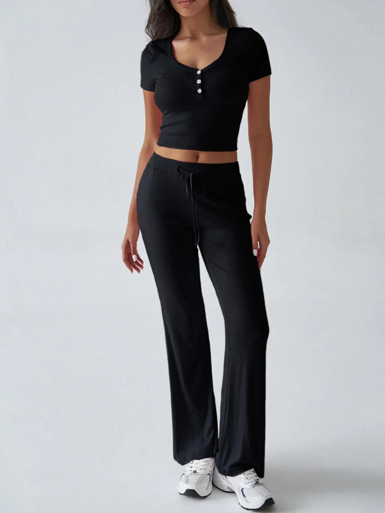Casual Ribbed Short Sleeve Top and Pants Set