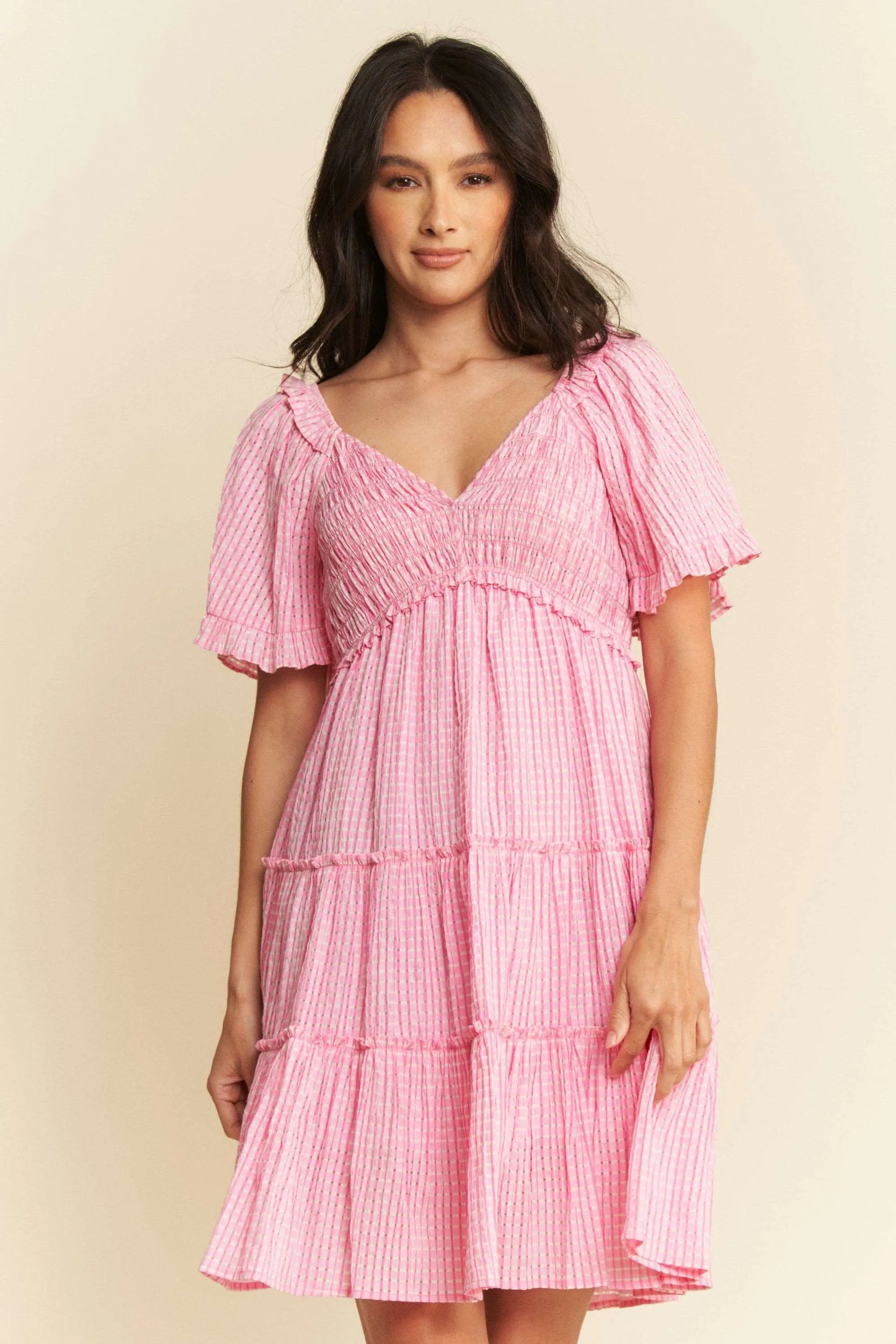Pink Smocked Checker Tiered Dress